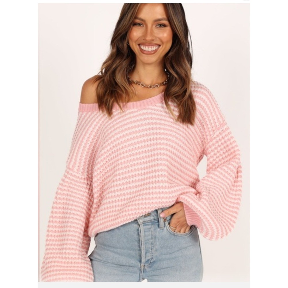 Petal + Pup Women S Sweater Pink White Striped Balloon Sleeve Knit Pullover